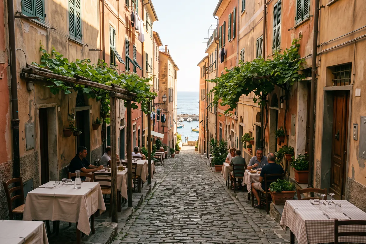 Gepflasterte Altstadtgasse in Ligurien mit Restauranttischen unter einer Weinpergola, am Ende der Gasse das Meer und ein kleiner Hafen