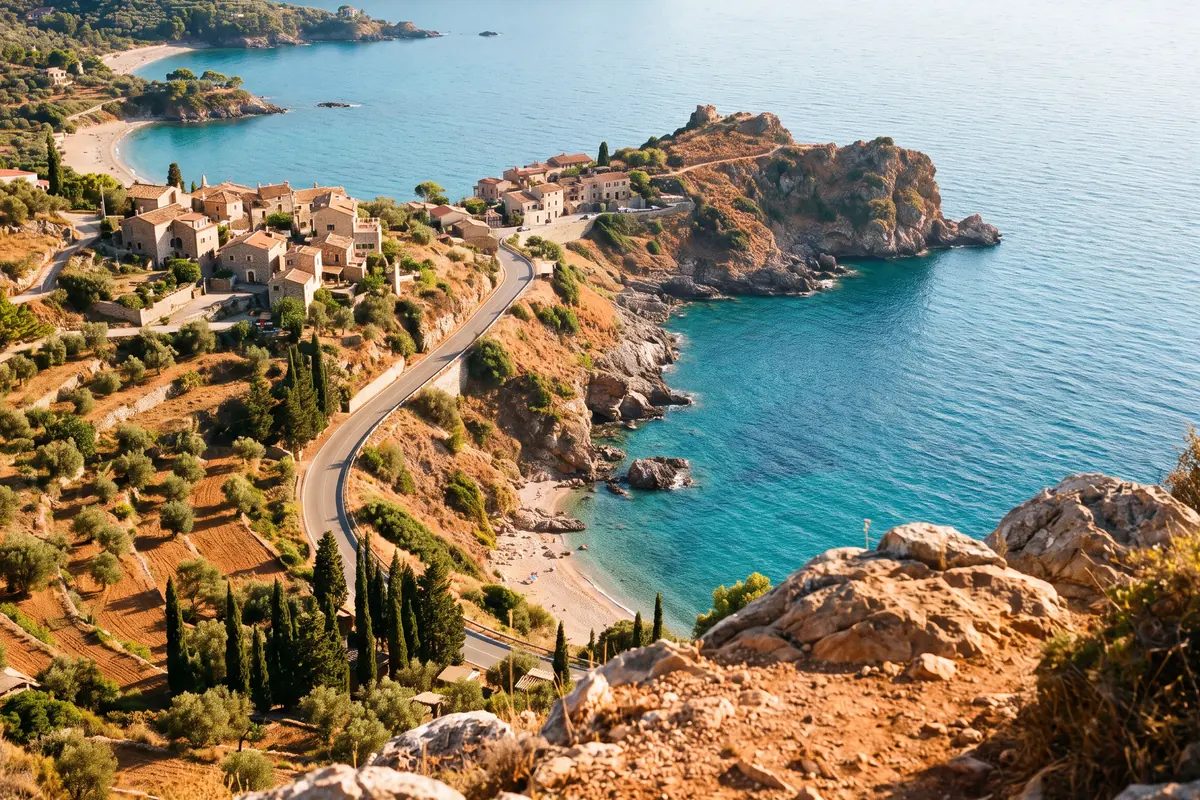 Blick von einem Höhenzug auf eine mediterrane Küste, eine Straße verbindet mehrere Dörfer und Buchten